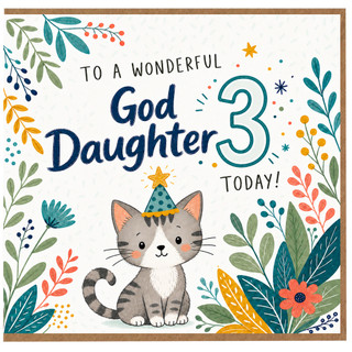 3rd Birthday Card for God Daughter, Cute Kitten Party Hat Greeting Card