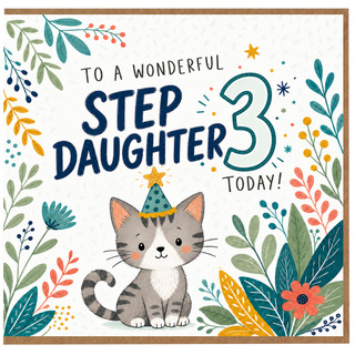 3rd Birthday Step Daughter Card, Cute Kitten Party Hat Birthday Card