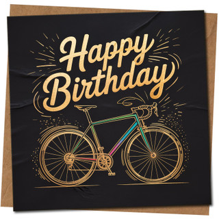 Happy Birthday Bicycle Card - Gold Lettering Bike Design for Cyclists - 145mm x 145mm Square - Black, Includes Kraft Envelope