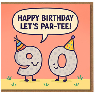 90th Birthday Card - Funny 'Happy Birthday Let's Par-Tee!' Pun with Cute Cartoon 90 in Party Hats - For Men, Women, Mum, Dad, Grandad, Nan, Friends