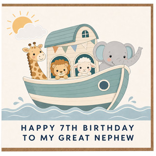 7th Birthday Card for Great Nephew, Cute Noah’s Ark Animal Boat Design