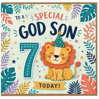 7th Birthday Card for God Son, Special God Son Today Lion Party Card