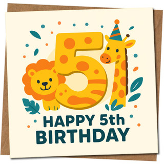 5th Birthday Card for Kids - Cute Safari Lion & Giraffe - Happy 5th Birthday - Age 5 Children’s Card - Square 145mm x 145mm, Includes Kraft Envelope