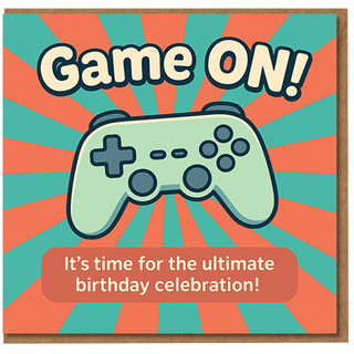 Game ON! Gamer Birthday Card - Video Game Controller Retro Sunburst Design - 'It’s time for the ultimate birthday celebration!'