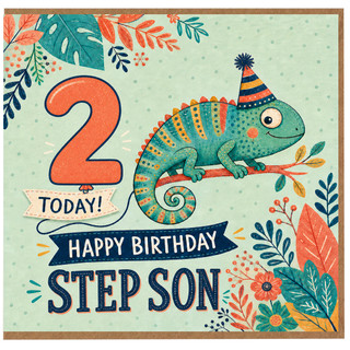 Step Son 2nd Birthday Card, Happy Birthday Step Son Age 2 Today, Cute Chameleon Party Design