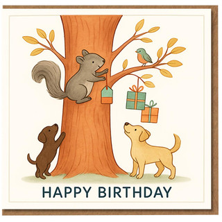 Happy Birthday Card - Cute Woodland Animals with Squirrel, Dogs, Bird and Colourful Presents in a Tree - Fun Nature Illustration for Kids, Animal Lovers, Friends or Family