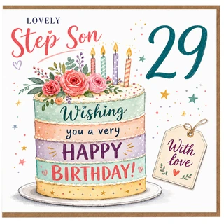 Step Son 29th Birthday Card, Lovely Wishing You a Very Happy Birthday With Love Cake Design