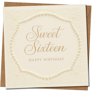 Sweet Sixteen 16th Birthday Card - Elegant Lace and Pearl Detail - Square Greeting Card - 145mm x 145mm, Includes Kraft Envelope