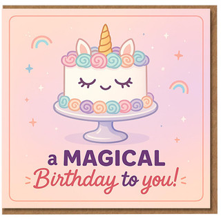 Magical Unicorn Cake Birthday Card - Cute Pastel Rainbow Design with 'A Magical Birthday To You!' Message