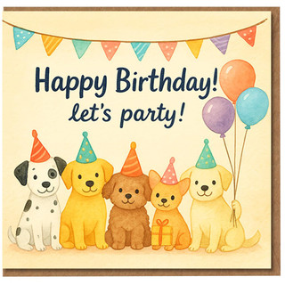 Cute Puppy Party Birthday Card - Five Dogs in Hats with Balloons & Bunting - 'Happy Birthday! let's party!' - Fun Card for Kids, Friends and Dog Lovers