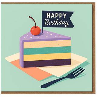 Happy Birthday Card - Colourful Cake Slice with Cherry, Sprinkles and Flag Reading 'Happy Birthday' - Modern Pastel Illustration