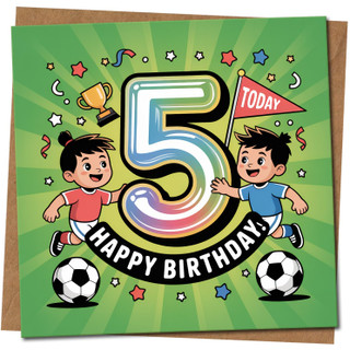 5th Birthday Card for Boy - Football Theme, 145mm x 145mm Square, Includes Kraft Envelope