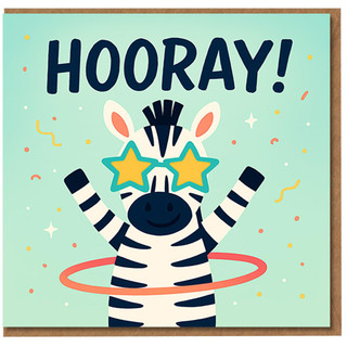 HOORAY Zebra Congratulations Card - Cute Zebra with Star Glasses and Hula Hoop - Fun Celebration Card for Exam Pass, New Job, Graduation or Any Achievement