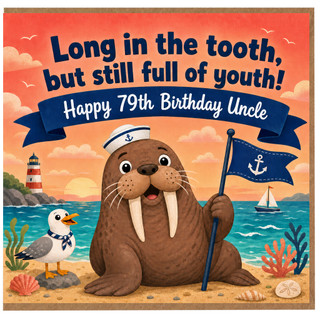 79th Birthday Card for Uncle, Funny Seaside Walrus Birthday Card