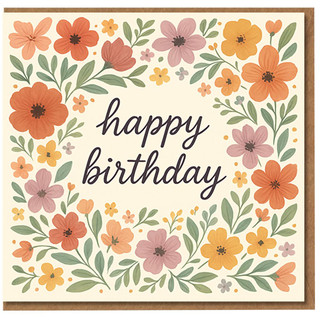 Floral Birthday Card - Hand-Illustrated Flowers with 'happy birthday' Script, Botanical Border, Elegant Pastel Design for Her, Him, Mum, Dad, Friend