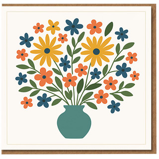 Birthday Card - Colourful Floral Bouquet in Teal Vase, Modern Folk Art Flowers, Elegant Greeting for Any Recipient