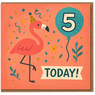 Flamingo 5 Today Birthday Card for Kids, Fun Party Balloon Design with Confetti and Party Hat, Fifth Birthday Card for Boys or Girls