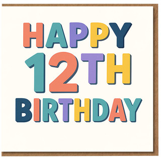 Happy 12th Birthday Card - Bold Colourful Block Letters Design - Fun Age 12 Card for Boy or Girl