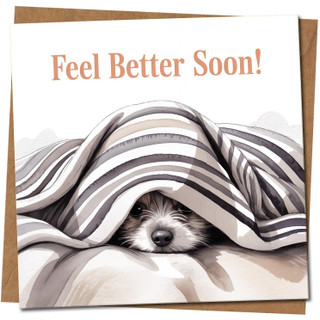 Feel Better Soon Dog Under Blanket Get Well Soon Card - 145mm x 145mm - Cute Pup Illustration, Includes Kraft Envelope