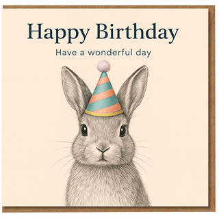Happy Birthday Bunny Card - Cute Illustrated Rabbit in Party Hat, 'Have a wonderful day'