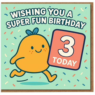 Age 3 Birthday Card for Child - Cute Running Character, Confetti - Wishing You a Super Fun Birthday - 3 Today