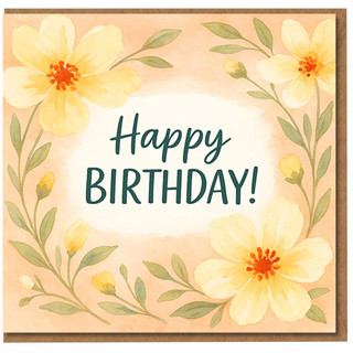 Happy Birthday Card - Watercolour Yellow Flowers on Peach, Floral Border, Elegant Cheerful Greeting