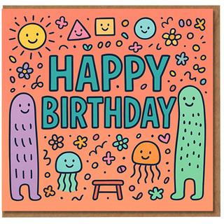 Happy Birthday Card - Colourful Doodle Characters, Smiling Sun, Shapes and Confetti - Fun Cute Cartoon Design