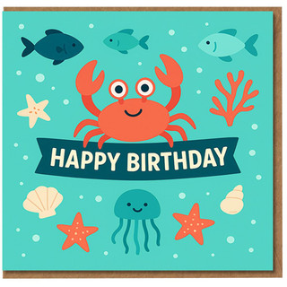 Happy Birthday Crab and Jellyfish Under the Sea Card - Cute Ocean Animals Illustration for Kids and Adults