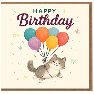 Happy Birthday Card - Cute Cat Floating with Colourful Balloons and Confetti - Fun Illustration for Kids, Friends and Cat Lovers