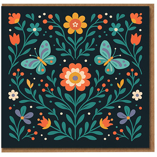 Butterflies and Wildflowers Birthday Card - Elegant Folk Art Floral Design on Dark Background, Colourful Garden Illustration