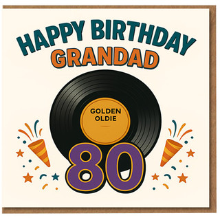 Grandad 80th Birthday Card - Happy Birthday Grandad, Golden Oldie Vinyl Record and Confetti Design, Fun Music Theme