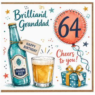 Granddad 64th Birthday Card, Happy Birthday Cheers to You Beer Bottle and Pint Glass Design