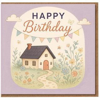 Happy Birthday Card - Cute Cottage, Garden Flowers and Bunting, Pastel Illustration, Sweet Whimsical Design for Friends and Family
