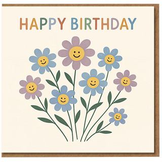 Cute Floral Happy Birthday Card - Pastel Daisies with Happy Faces, Multicolour Lettering - Cheerful Flower Bouquet Birthday Greeting