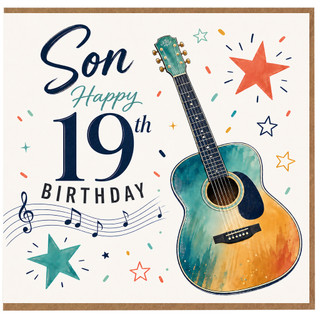 Son 19th Birthday Card, Guitar and Music Notes Design
