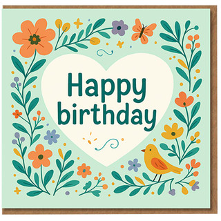 Happy Birthday Card - Floral Heart with Bird and Butterfly - Cute Nature Illustration for Friends or Family