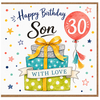 30th Birthday Card for Son, Happy Birthday With Love Gift Box and Balloon Design