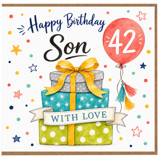 Son 42nd Birthday Card, Happy Birthday With Love Gift Box Balloon Design