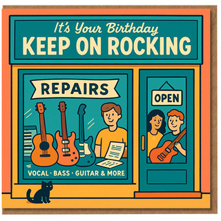 Birthday Card - Keep On Rocking Music Shop Illustration with Guitars, Repairs Window, Fun Rock Music Lover/Guitarist Design