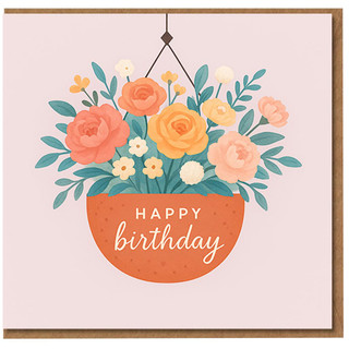 Happy Birthday Card - Floral Hanging Basket Bouquet, Pastel Flowers with Leaves, Elegant Illustration