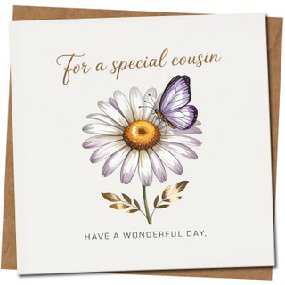 Special Cousin Birthday Card - Daisy & Butterfly Floral Design - For a Special Cousin, Have a Wonderful Day - Square Greeting Card 145mm x 145mm, Includes Kraft Envelope
