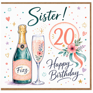 Sister 20th Birthday Card, Happy Birthday Fizz Celebration Card
