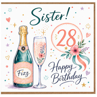 Sister 28th Birthday Card, Happy Birthday Card with Champagne and Floral Celebration Design