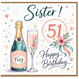 51st Birthday Card for Sister, Happy Birthday Fizz Champagne Card
