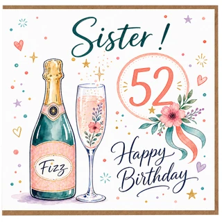 Sister 52nd Birthday Card, Happy Birthday 52 with Champagne Bottle and Floral Design