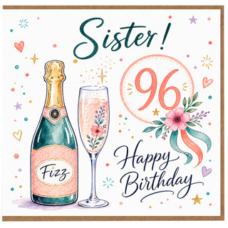 Sister 96th Birthday Card, Happy Birthday Champagne and Flowers Design
