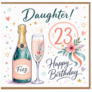 Daughter 23rd Birthday Card, Happy Birthday Daughter Card with Champagne Bottle and Floral Design