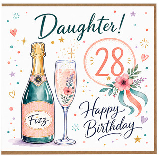 Daughter 28th Birthday Card, Happy Birthday Card for Daughter with Champagne and Flowers