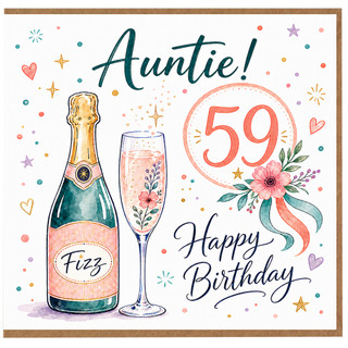 59th Birthday Card for Auntie - Happy Birthday Champagne and Floral Design