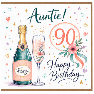 Auntie 90th Birthday Card, Happy Birthday Fizz and Champagne Design